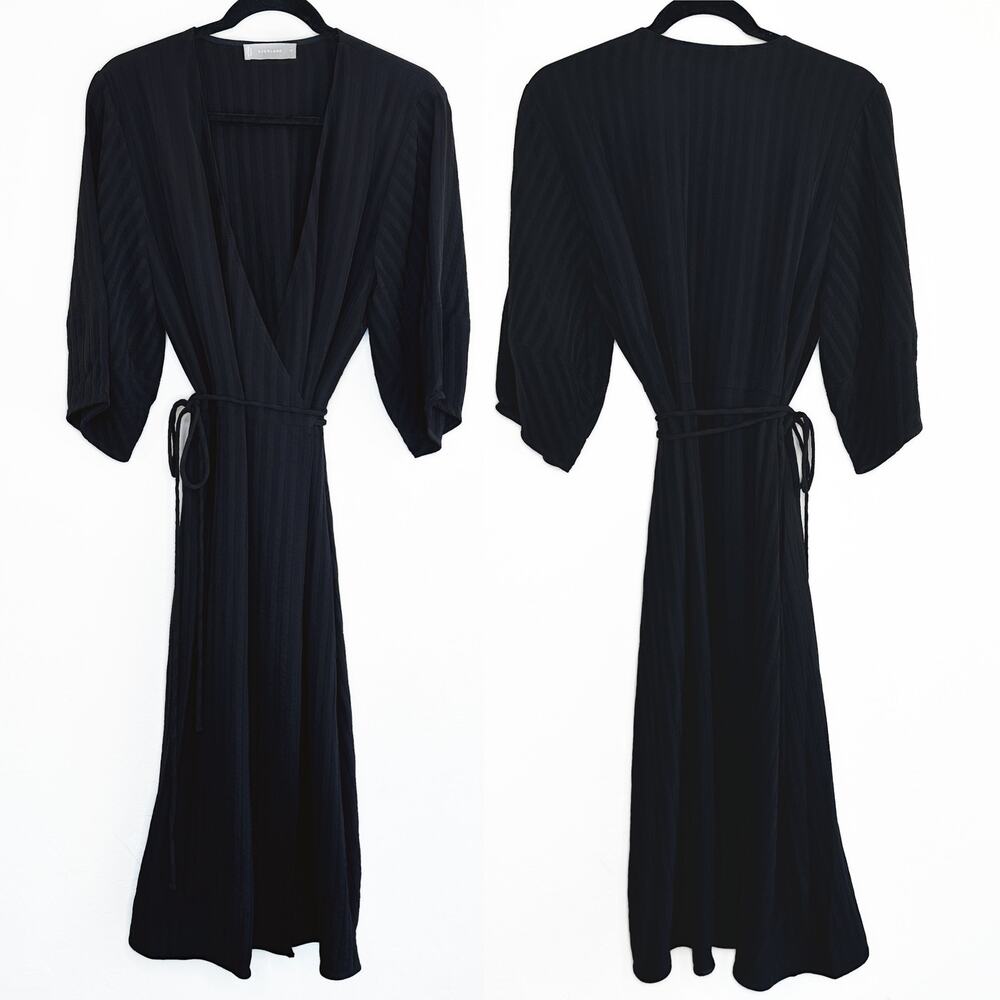 NWOT Everlane The City Stripe Puff Sleeve Black Ribbed Midi Wrap Dress 10 - Picture 2 of 15